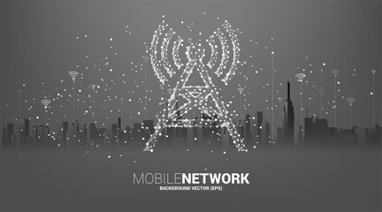Poster - Antenna Tower icon polygon style from dot and line connection with city background. Concept of telecommunication mobile and data technology