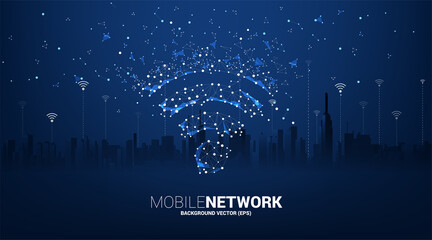 Vector dot connect line circuit board style mobile data icon with city background. Concept for data transfer of mobile and wi-fi data network.