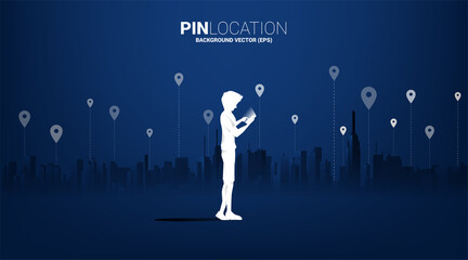Aufkleber - Silhouette of man with mobile and GPS icon with city background. concept of location and facility place , GPS technology