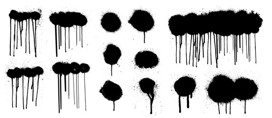 Fototapete - Great graffiti spray collection with high detail. Isolated collection drips black ink splatters and dots from spray with current paint. Blank Graffiti template mockup with effect spray. Vector grunge