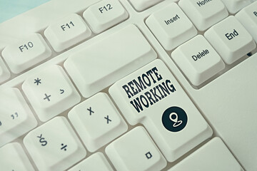 Text sign showing Remote Working. Business photo showcasing style that allows professionals to work outside of an office Pc keyboard key with empty note paper above background copy space