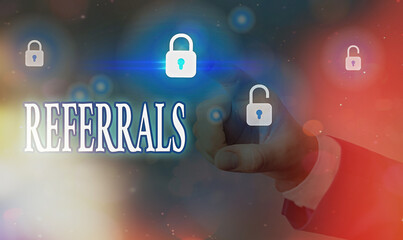 Poster - Handwriting text writing Referrals. Conceptual photo someone or something to research study or take any further action Graphics padlock for web data information security application system