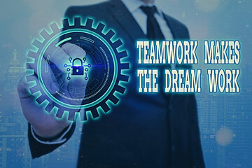 Writing note showing Teamwork Makes The Dream Work. Business concept for to work together toward a common vision Graphics padlock for web data information security application system