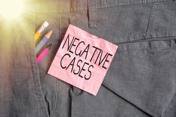 Text sign showing Negative Cases. Business photo text circumstances or conditions that are confurmed to be false Writing equipment and pink note paper inside pocket of man work trousers