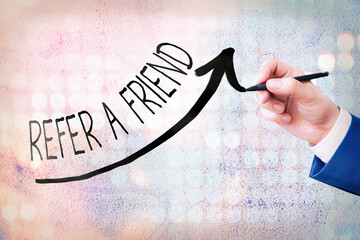 Poster - Word writing text Refer A Friend. Business photo showcasing direct someone to another or send him something like a gift digital arrowhead curve rising upward denoting growth development concept