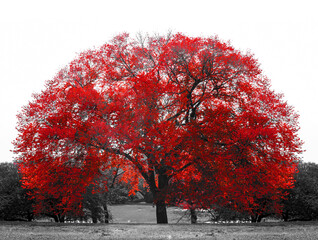 big red tree in black and white landscape scene in central park, new york city