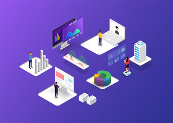 Poster - People interacting with charts and analysing statistics. Data visualisation concept. 3d isometric vector illustration.