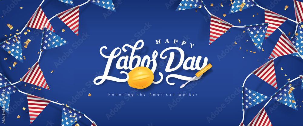 Labor day banner template decor with american flags Garlands decor.Calligraphy of Labor day. - obrazy, fototapety, plakaty 