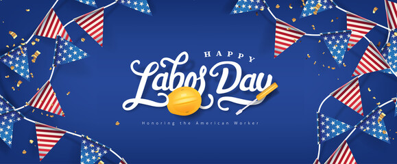 Wall Mural - Labor day banner template decor with american flags Garlands decor.Calligraphy of Labor day.