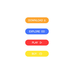 Poster - Download, explore, buy, play flat icon set. Colorful clean buttons for websites. Vector on isolated white background. EPS 10