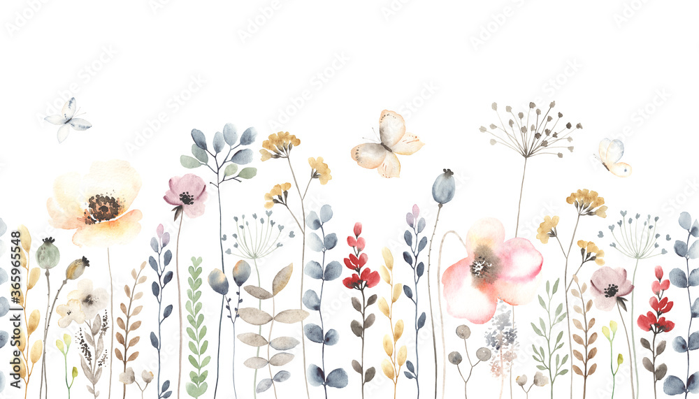 Watercolor floral seamless pattern with colorful wildflowers, leaves, plants and flying butterflies. Panoramic horizontal isolated illustration. Garden background in vintage style. - obrazy, fototapety, plakaty 