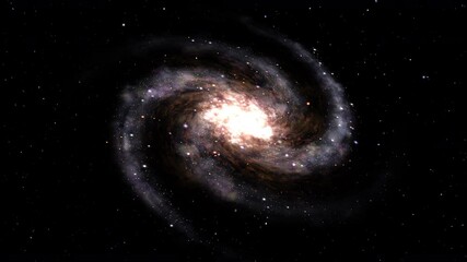 3D render: Slow dolly push forward on a spinning spiral galaxy floating on a starry background