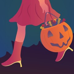 Canvas Print - girl carrying trick or treat basket with candies