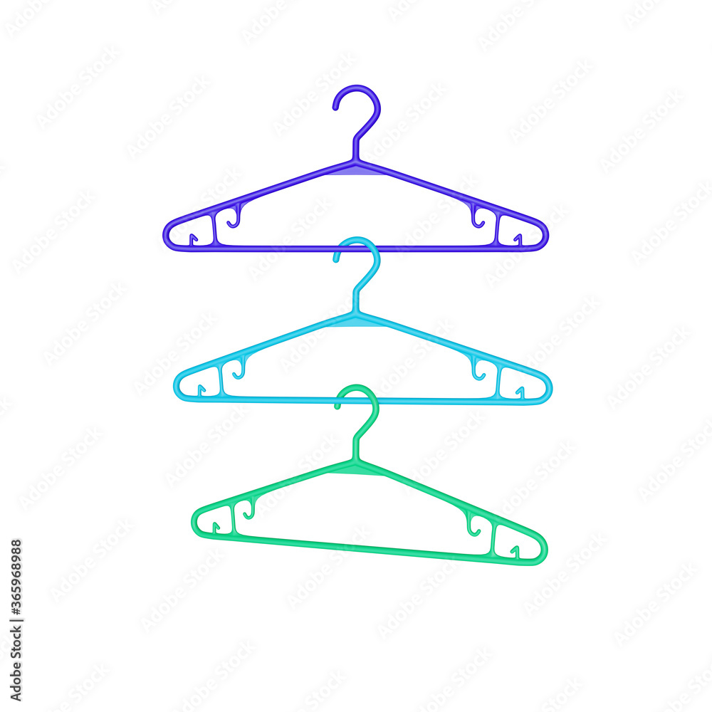 Three hangers, one below the other. Blue, turquoise, green. In the middle, on a white background. 3d illustration.