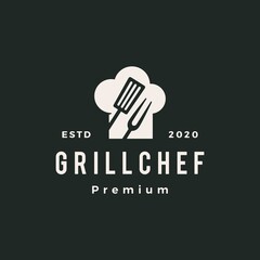 Sticker - grill chef hat restaurant spatula fork hipster vintage logo vector icon illustration