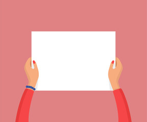 Woman hands holding empty blank white placard. Protest or advertisement concept. Flat vector illustration