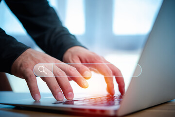 Leinwandbilder - Data Search Technology Search Engine Optimization. man's hands are using a computer notebook to Searching for information.Using Search Console with your website.