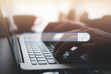 Leinwandbilder - Data Search Technology Search Engine Optimization. man's hands are using a computer notebook to Searching for information.Using Search Console with your website.