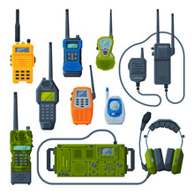Radio Transmitters Collection, Modern Handheld Portable Devices, Walkie Talkie Flat Vector Illustration