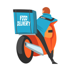 Wall Mural - Food Delivery Guy Carrying Backpack Box, Back View of Male Courier Character on Motorbike with Parcel on his Back, Food Express Delivery Service Cartoon Style Vector Illustration