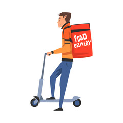 Wall Mural - Guy on Scooter Delivering Food with Backpack Box, Male Courier Character with Parcel on his Back, Food Express Delivery Service Cartoon Style Vector Illustration