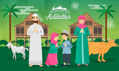 Wall Mural - Eid al Adha greeting card. muslim family celebrating Eid al Adha with goat, cow, and traditional malay village house as background. selamat hari raya Aidiladha  translates to Eid al Adha mubarak