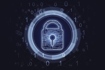Poster - Virtual creative lock symbol and microcircuit illustration on dark background. Protection and firewall concept. 3D Rendering