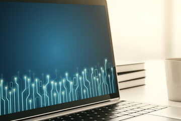 Poster - Modern computer monitor with circuit hologram. Research and development hardware concept. 3D Rendering