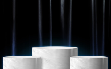 Fototapete - Product display glossy white marble cylinder stand winner podium in three step with black curtain wall background.Banner mockup space for display of product design.3d rendering