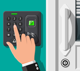 Poster - Password and fingerprint security device at office or home door. Access control machine or time the attendance. Proximity card reader. Vector illustration in flat style