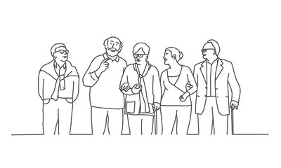 Wall Mural - Old people standing together. Line drawing vector illustration.