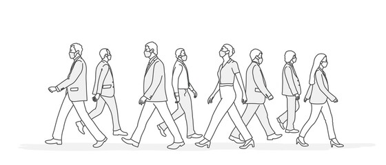 Wall Mural - Walking people in protective masks. Crowd of people. Line drawing vector illustration.