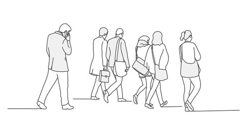 Sticker - Walking crowd of people. Rear view. Line drawing vector illustration.