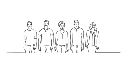 Wall Mural - Diverse group of standing people. Line drawing vector illustration.