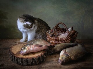 Still life with fish and curious cat