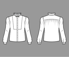 Bow-detailed blouse technical fashion illustration with ruffled collar, long sleeves with cuff, paneled front. Flat apparel shirt template front, back, white color. Women men, unisex top CAD mockup