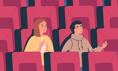 Wall Mural - Young spectator couple watch drama, comedy film at the cinema. Man and woman sit together at movie theatre, cry and laugh. Romantic date scene. People portrait in flat vector cartoon illustration