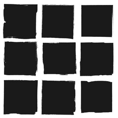 Set of vector square grunge black stickers isolated on white background. A group of labels with uneven rough edges drawn with an ink brush. Vector design elements, 9 square frames