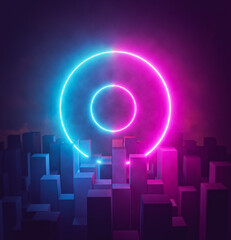 Poster - futuristic abstract background, glowing blue and pink neon lights, virtual reality, energy source, dark night. design for advertising. 3d rendering