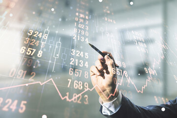 Poster - Multi exposure of male hand with pen working with abstract virtual graphic data spreadsheet sketch on blurred office background, analytics and analysis concept