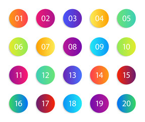 Poster - Number with circle. Gradient round icons. Set of infographic points, bullets. List from 1 to 20 for circular button. Design bubbles for interface. Modern neon symbol. Multicolor steps for web. Vector