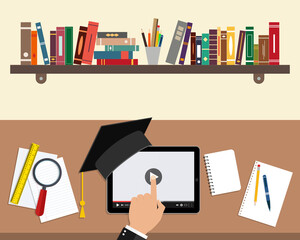 Poster - Online education concept. Study using a tablet and video. Learn in computer. Student training using technology. Online school, college, university at home. Class with book, player, paper. Vector