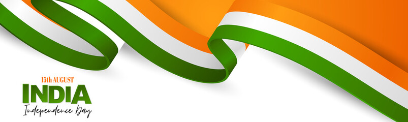 Wall Mural - India Independence Day. Indian national August 15th holiday celebration header or long banner with orange, white, and green flag ribbon. Vector illustration.