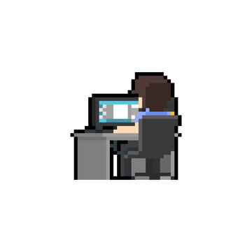 Pixel art man character working at computer desk.