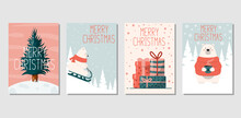 Christmas Card Templates With Polar Bear, Christmas Gifts And Tree And Lettering. Vector Isolated Xmas Banners. Holiday Background For Noel Invitations.