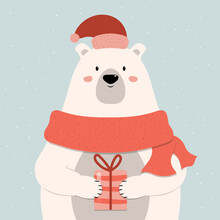 Cartoon Christmas Polar Bear In The Scarf With A Gift. Vector Isolated Funny Happy New Year Illustration For Xmas Cards, Banners And Labels.