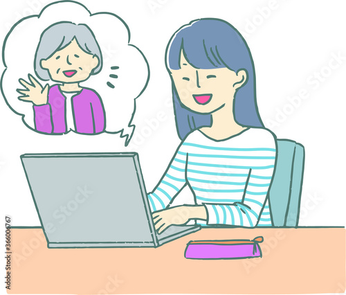 オンライン帰省中の女性とおばあちゃんイラスト Stock Vector Adobe Stock オンライン帰省中の女性とおばあちゃんイラスト Stock Vector Adobe Stock