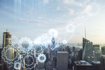 Poster - Abstract virtual robotics technology hologram on New York city skyline background. Robot development and automation concept. Multiexposure