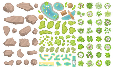 Wall Mural - Set of park elements. (Top view) Collection for landscape design, plan, maps. (View from above) Stones, ponds, plants, bushes, trees. 