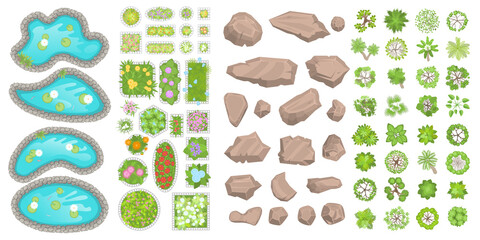 Sticker - Set of park elements. (Top view) Collection for landscape design, plan, maps. (View from above) Ponds, stones, trees, flower beds.